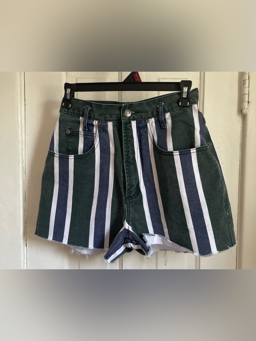 Striped Denim Cutoff Shorts - Green, Navy, and White